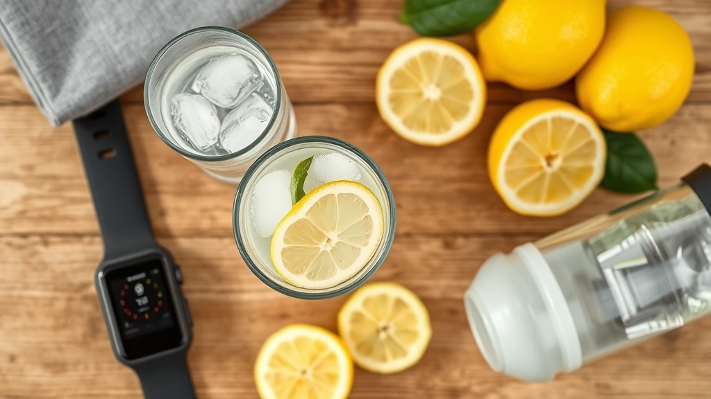 Overhead view of various hydration methods: ice water glass, water bottle, fresh lemon slices, on wellness table with fitness tracking device, healthy lifestyle composition
