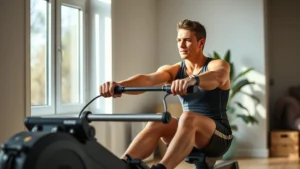 Fit person on rowing machine indoors with proper form, showing muscular engagement, natural lighting from window, athletic wear, focused expression, home gym setting