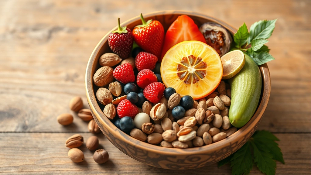 Vibrant produce bowl featuring fresh fruits, nuts, and legumes rich in inositol, arranged artfully on wooden surface with soft natural lighting, representing dietary sources of the nutrient