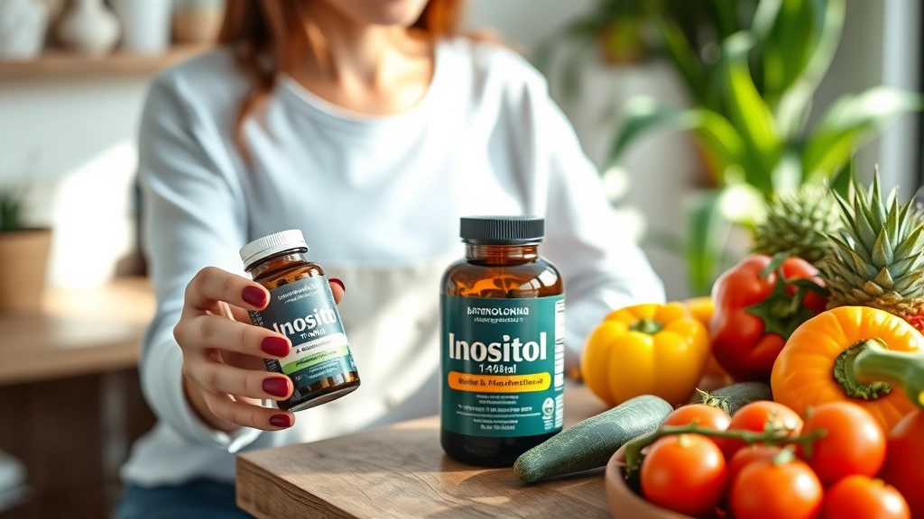 Woman in wellness setting holding inositol supplement bottle with fresh fruits and vegetables on table, natural lighting, healthy lifestyle aesthetic