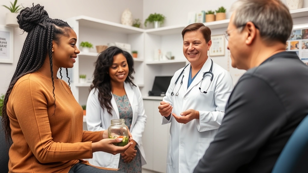 Nutritionist explaining supplement to patient in medical office, professional healthcare setting, diverse representation, warm and supportive atmosphere