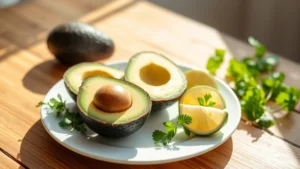 Fresh avocado halves with pit visible, arranged on a bright white plate with lime wedges and fresh cilantro sprigs, natural morning sunlight streaming across wooden table, warm and inviting wellness aesthetic
