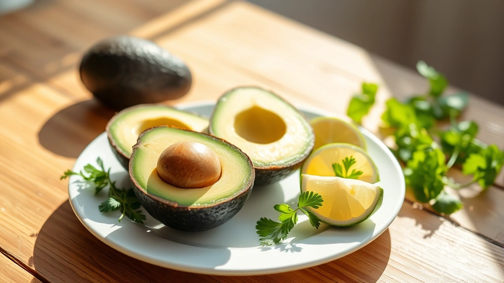 Fresh avocado halves with pit visible, arranged on a bright white plate with lime wedges and fresh cilantro sprigs, natural morning sunlight streaming across wooden table, warm and inviting wellness aesthetic