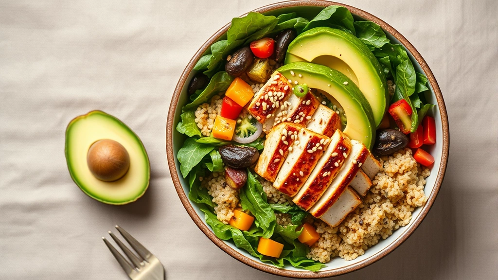 Overhead view of vibrant Buddha bowl with sliced avocado, mixed greens, colorful vegetables, quinoa, and grilled chicken breast, garnished with sesame seeds, photographed against neutral beige linen background