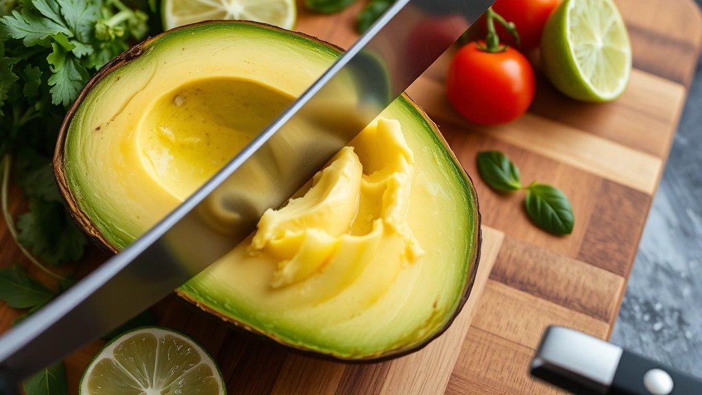 Close-up of creamy avocado being sliced with sharp knife on a wooden cutting board, surrounded by fresh lime, cherry tomatoes, and leafy herbs, emphasizing food preparation and healthy eating