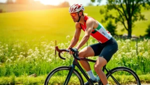 Fit cyclist riding outdoors on a sunny day through green countryside, wearing athletic gear, showing muscular legs and focused expression, photorealistic wellness imagery