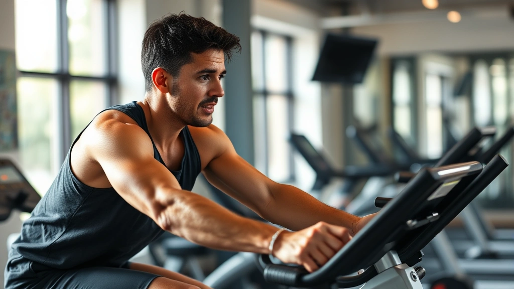 Person on stationary bike indoors during intense workout, sweat visible, determined expression, modern gym environment with natural light, health and fitness focused