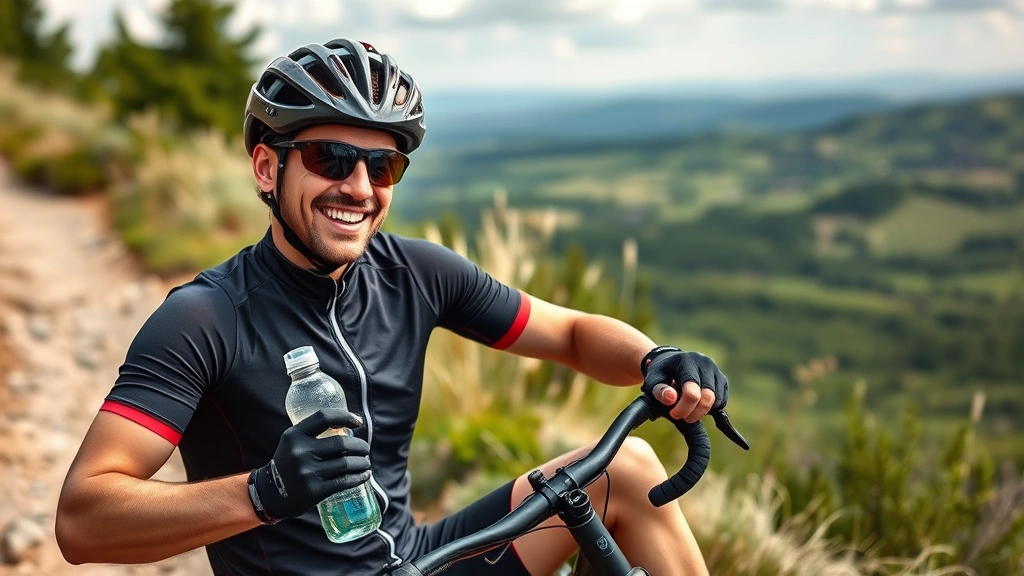Cyclist resting after outdoor ride on scenic trail, holding water bottle, smiling, healthy and energetic appearance, natural landscape background, wellness and recovery theme