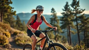 Fit woman cycling outdoors on scenic mountain trail with trees and blue sky, professional athletic gear, energetic expression, morning light, high-quality photorealistic image