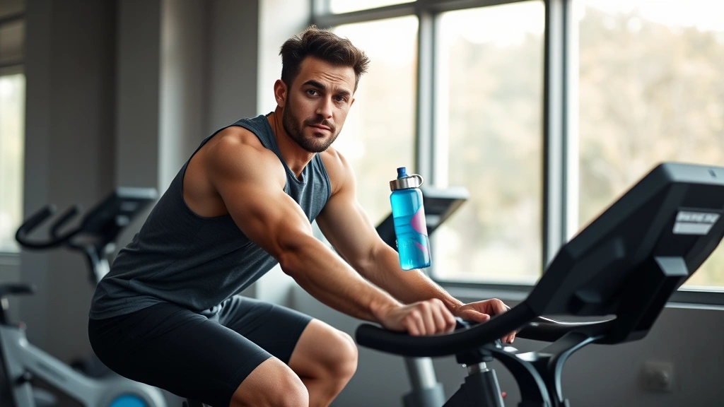 Man on stationary bike indoors with water bottle nearby, focused determined expression, modern gym equipment, natural lighting through window, muscular physique, photorealistic wellness photography