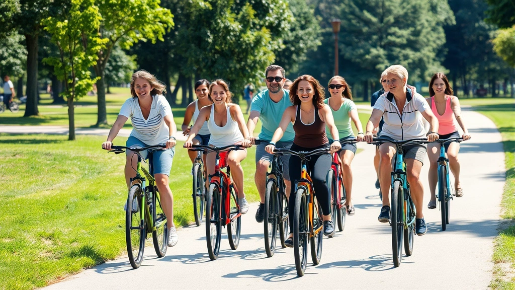 Diverse group of cyclists riding together on paved path through park, smiling and engaged, various body types, casual athletic wear, sunny day, community exercise, high-quality photorealistic image