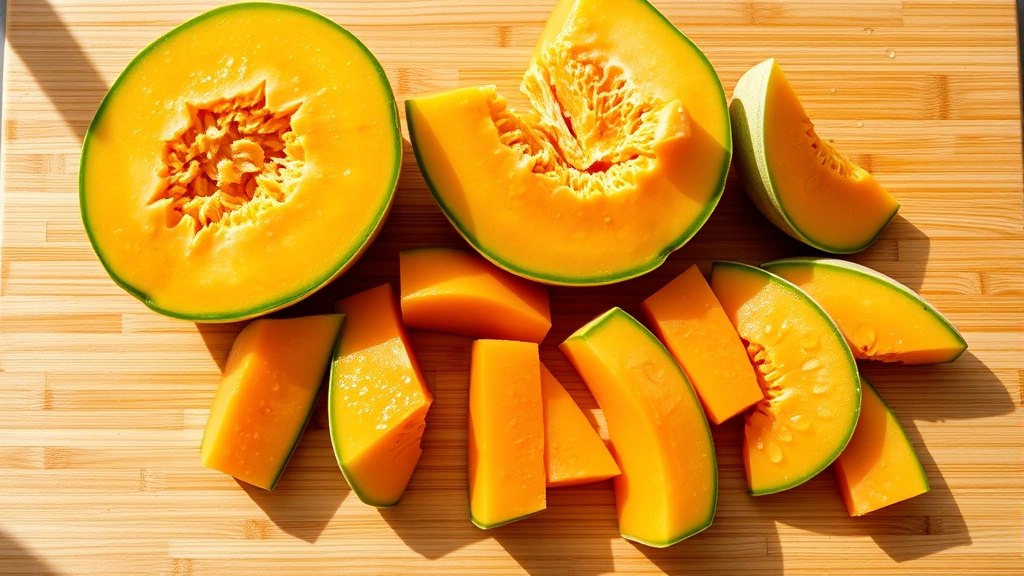 Fresh cantaloupe halves and cubes arranged on a bright wooden cutting board with water droplets, natural daylight, vibrant orange flesh visible, healthy food photography