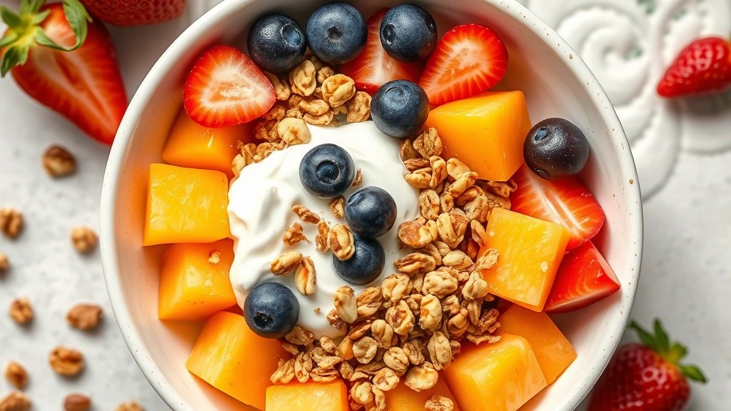 Bowl of mixed summer fruits including cantaloupe cubes with Greek yogurt and granola, colorful fresh ingredients, overhead shot, wellness-focused food styling