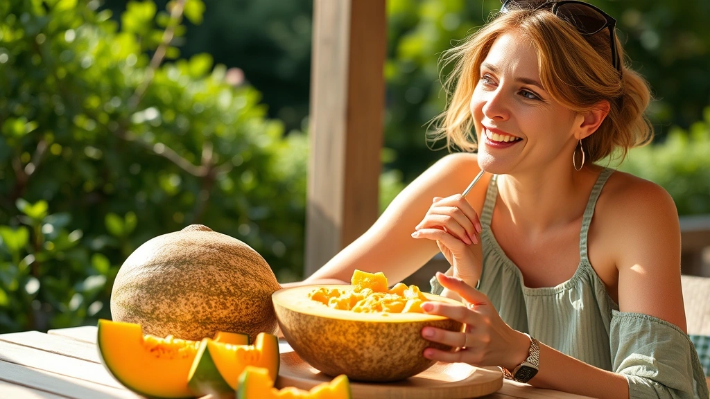 Woman enjoying fresh cantaloupe at outdoor table during summer, natural sunlight, healthy lifestyle moment, positive health-conscious eating scene