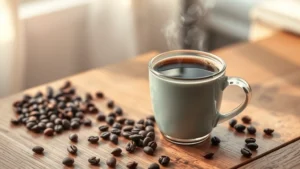 Steaming cup of black coffee on a wooden table with fresh coffee beans scattered nearby, warm morning light, photorealistic, healthy lifestyle aesthetic