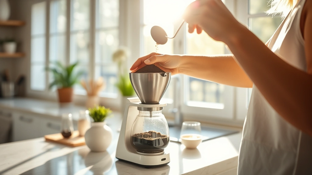 Person measuring coffee grounds with a scale in a bright kitchen, preparing healthy morning beverage, focused and mindful, natural daylight streaming through windows