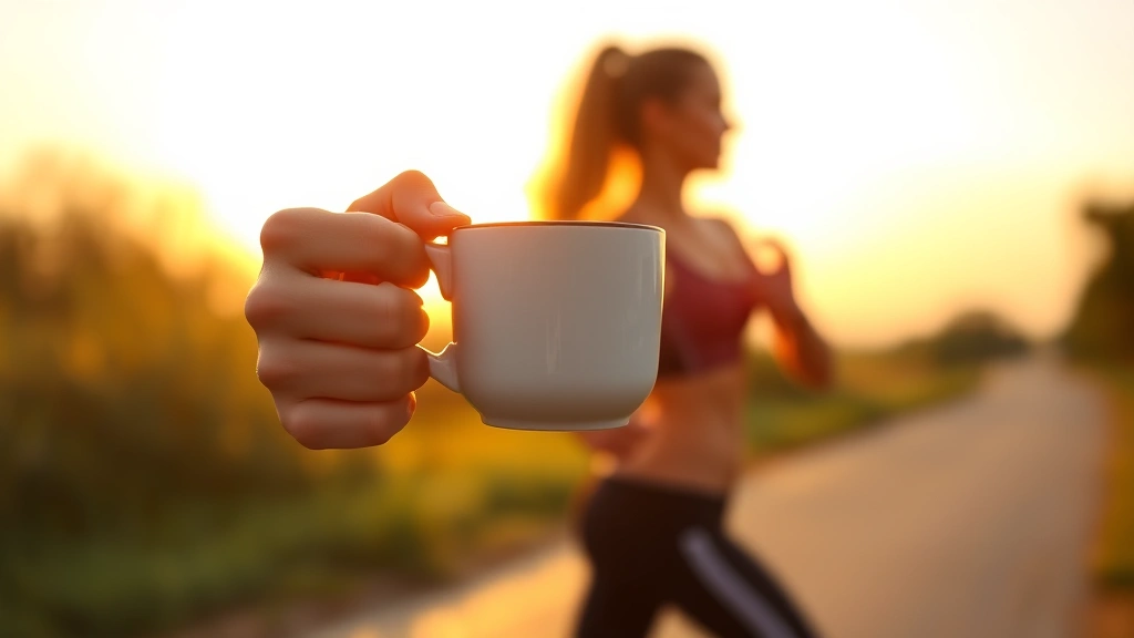 Fit person holding a hot cup of black coffee before a morning run, athletic wear, sunrise background, energized and ready for exercise, photorealistic wellness scene