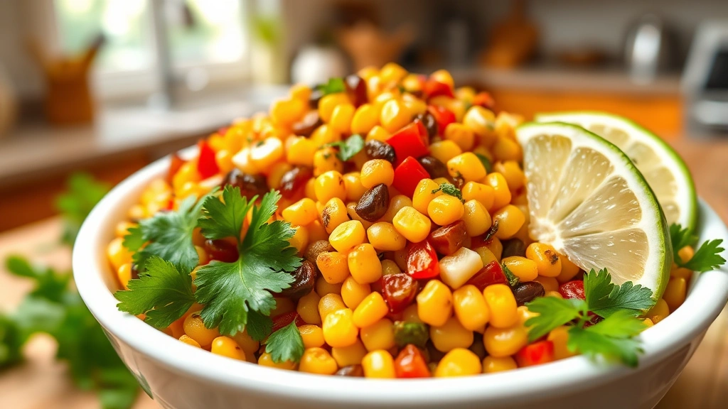Colorful roasted corn kernels in a white ceramic bowl with fresh cilantro and lime wedges, kitchen setting, bright natural lighting