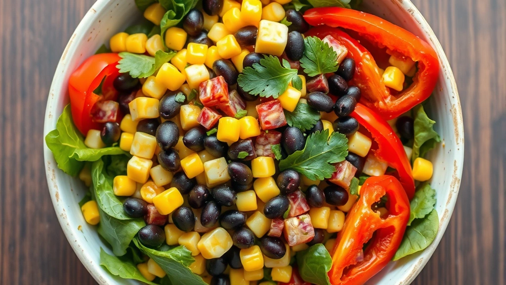 Vibrant salad bowl featuring corn kernels, black beans, red bell peppers, and mixed greens with lime vinaigrette dressing, overhead shot