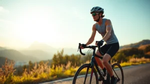Athletic cyclist riding outdoors on a scenic paved road at sunrise, wearing cycling gear, mountains in background, healthy and fit physique, natural daylight