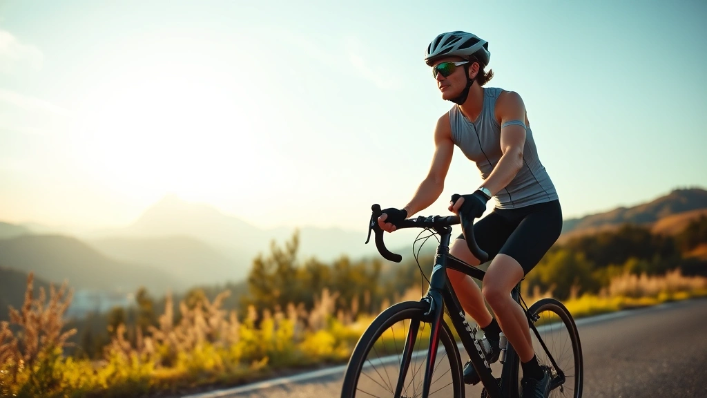 Athletic cyclist riding outdoors on a scenic paved road at sunrise, wearing cycling gear, mountains in background, healthy and fit physique, natural daylight