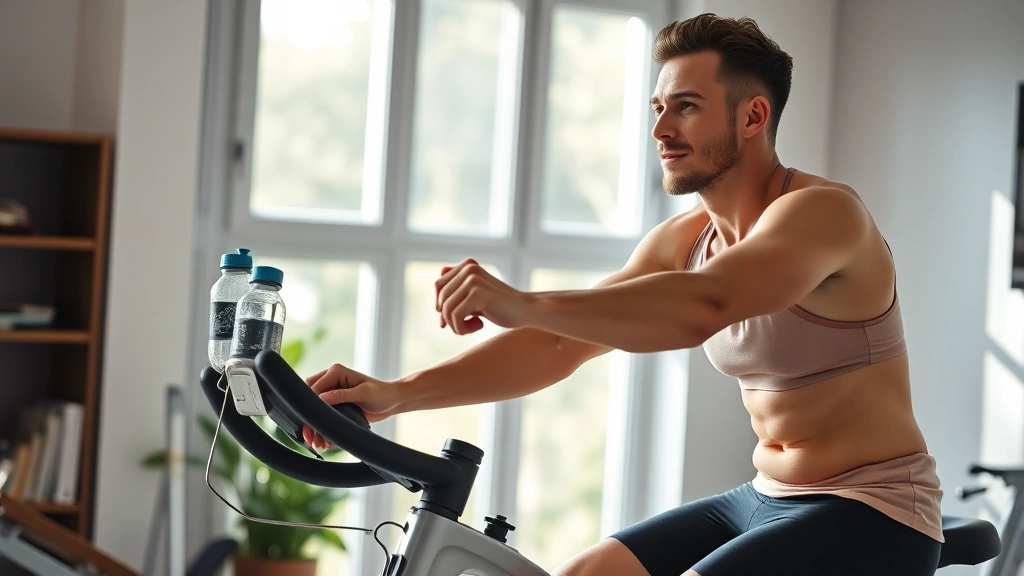 Person on stationary bike indoors in bright home gym, concentrating expression, water bottle nearby, modern cycling equipment, energetic workout environment