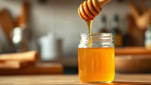 Golden honey being drizzled from a wooden dipper into a clear glass jar, showing glossy amber liquid against soft kitchen lighting, no text or labels