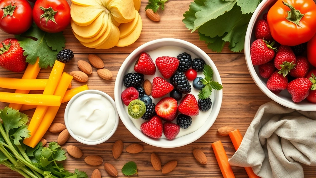 Overhead flat lay of weight loss friendly foods including fresh berries, Greek yogurt bowl, almonds, and colorful vegetables on wooden table, natural lighting
