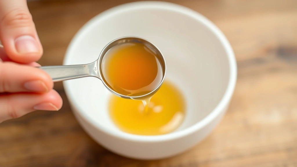 Person measuring honey with a metal measuring spoon over a white bowl, showing precise portion control without any visible measurements or numbers on the spoon