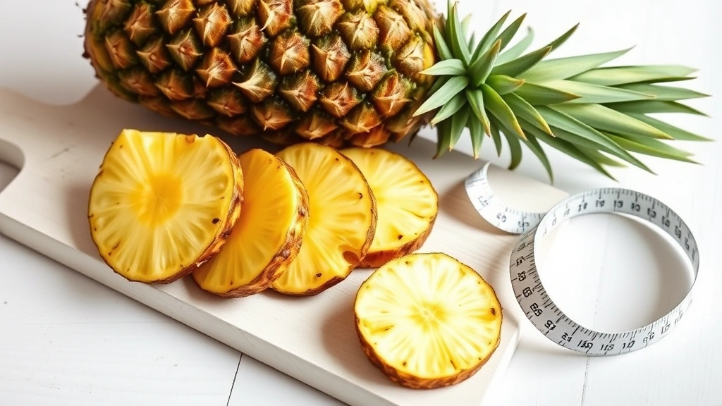 Fresh pineapple slices arranged on a white wooden board with a measuring tape draped nearby, soft natural lighting, healthy weight loss concept, photorealistic