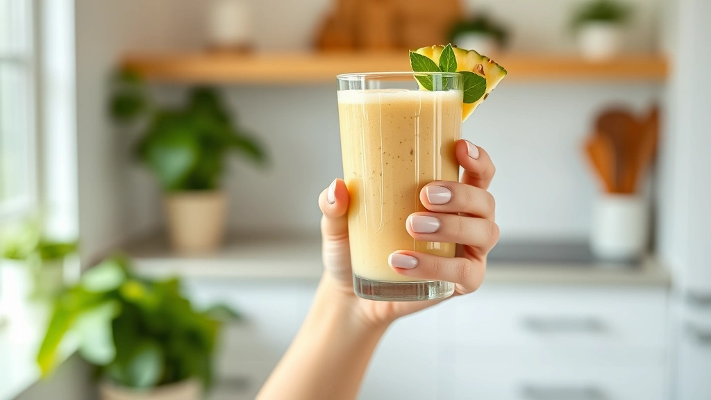 Person holding a glass of fresh pineapple smoothie with Greek yogurt and spinach visible inside, bright kitchen setting, wellness and nutrition theme, photorealistic