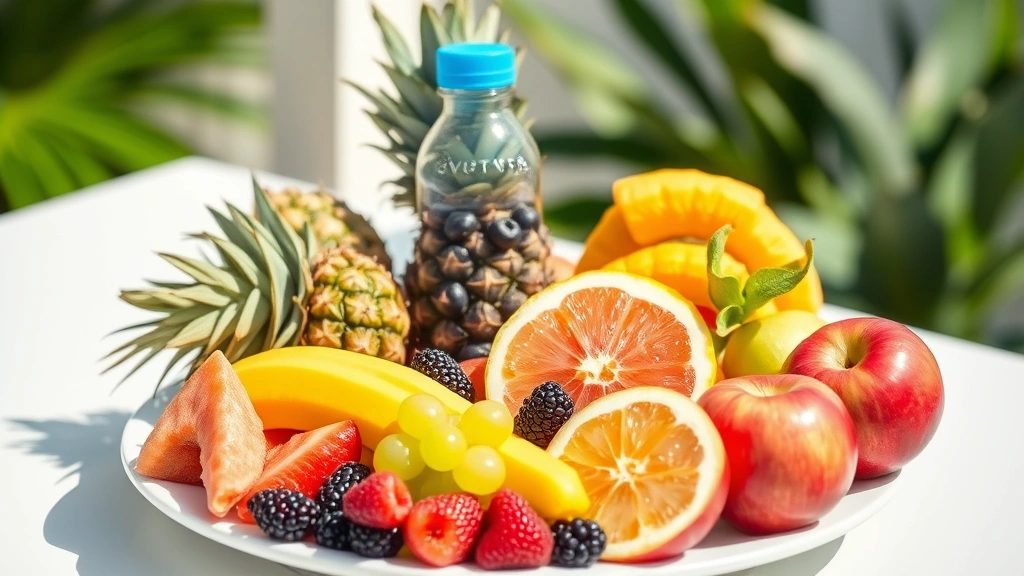 Colorful array of fresh tropical fruits including pineapple, berries, and apples on a clean plate with a water bottle beside it, bright daylight, healthy eating lifestyle, photorealistic