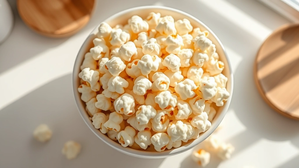Overhead shot of a white bowl overflowing with fluffy air-popped popcorn, fresh and golden, on a bright kitchen counter with natural sunlight, clean minimalist aesthetic