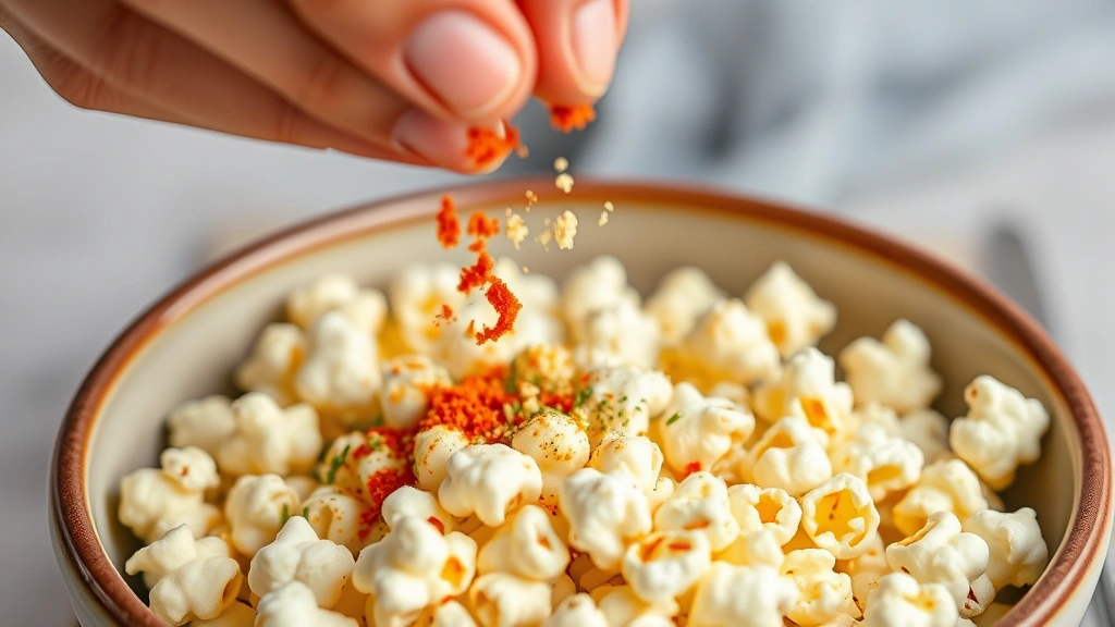 Close-up of hands sprinkling colorful seasonings (paprika, nutritional yeast, herbs) onto warm popcorn in a ceramic bowl, showing healthy flavor options