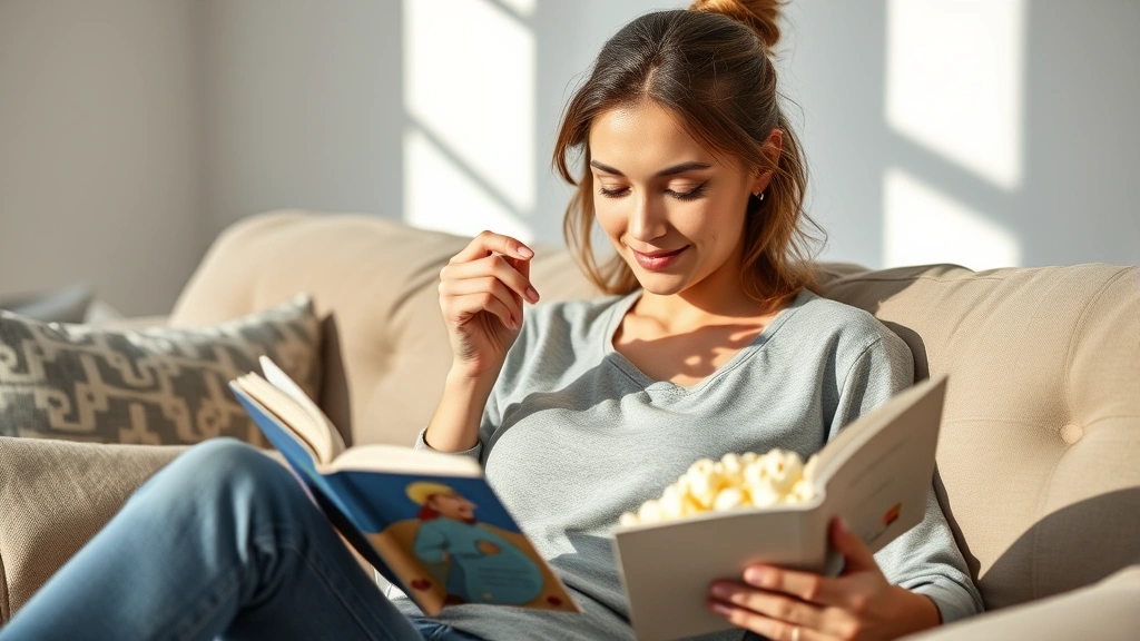 Woman enjoying a healthy snack of popcorn while reading, sitting on a comfortable couch with natural light, representing mindful eating and wellness lifestyle