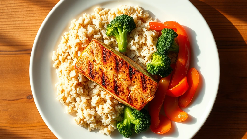 Overhead view of a balanced plate with fluffy brown rice, grilled salmon fillet, steamed broccoli florets, and colorful bell peppers on white ceramic plate, warm natural lighting, wooden table background