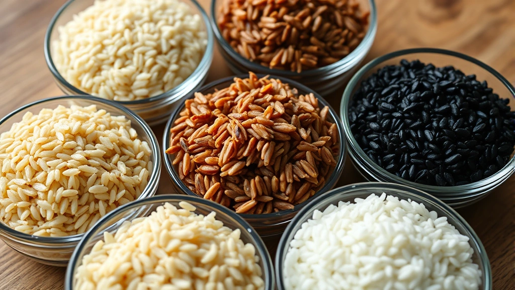 Close-up of different rice varieties in small glass bowls - brown rice, wild rice, white rice, and black rice - arranged in a circle, soft diffused light, wooden surface