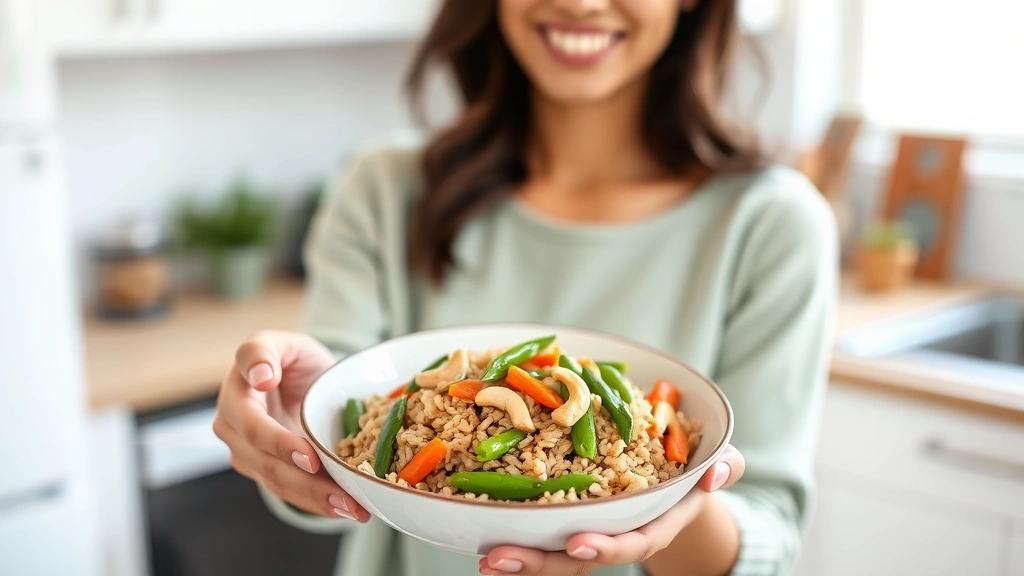Woman holding a bowl of vegetable fried rice with brown rice, snap peas, carrots, and cashews, smiling, bright kitchen setting, natural window light, healthy lifestyle context