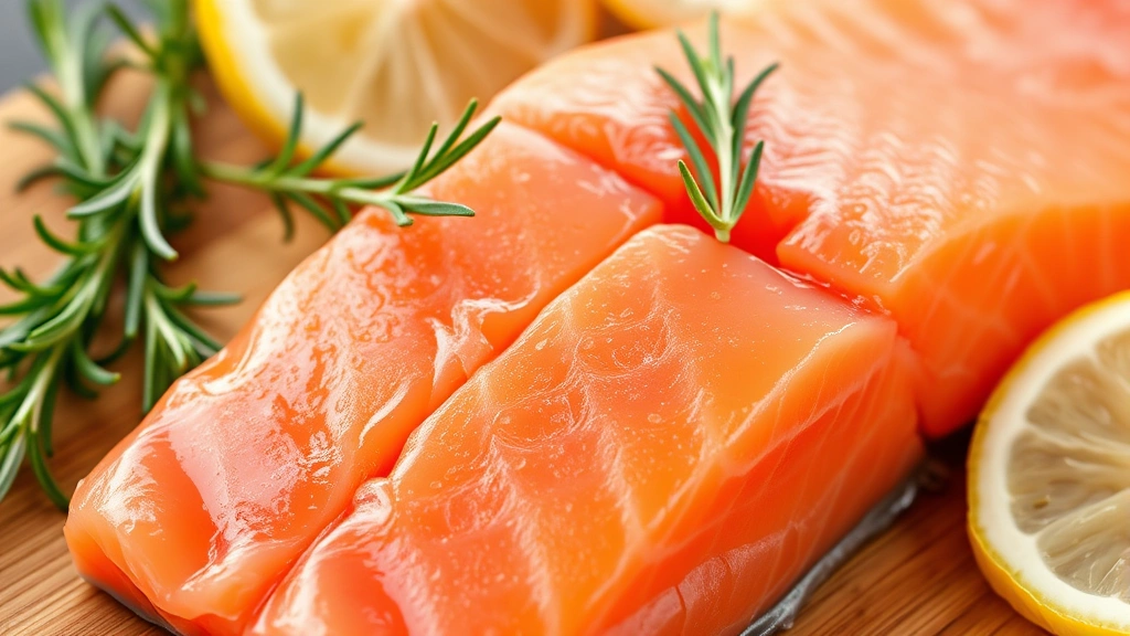 A close-up of raw salmon fillet showing its vibrant pink flesh and natural texture, with fresh rosemary sprigs and lemon wedges arranged nearby on a wooden cutting board, emphasizing food quality and freshness