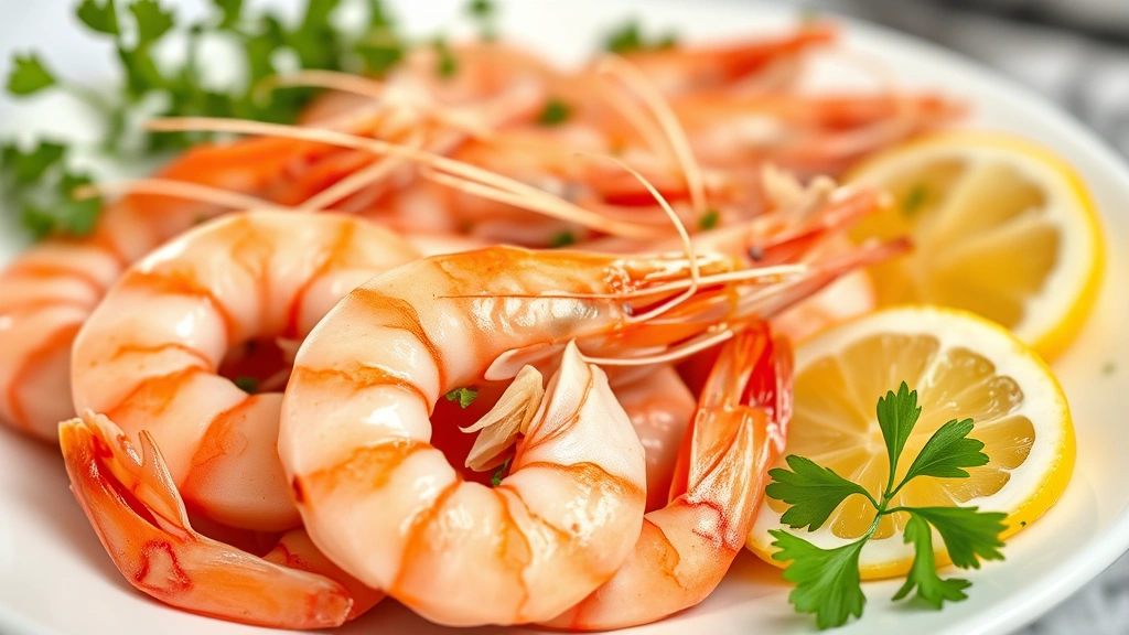 Close-up of fresh pink shrimp on a white plate with lemon wedges and fresh herbs, bright natural lighting, shallow depth of field, clean professional food photography