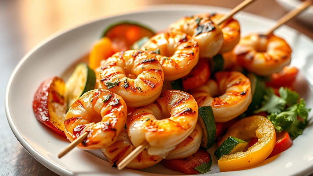 Grilled shrimp skewers with colorful vegetables like bell peppers and zucchini on a modern plate, warm golden lighting, appetizing and healthy presentation