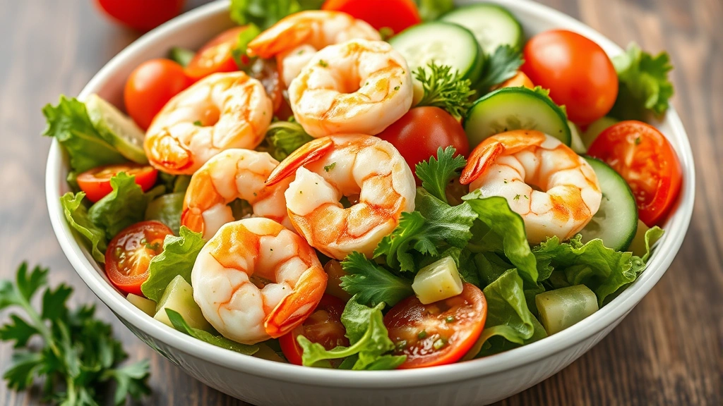 Large bowl of shrimp salad with mixed greens, cherry tomatoes, cucumber, and light vinaigrette dressing, vibrant fresh vegetables, healthy meal composition, professional food styling