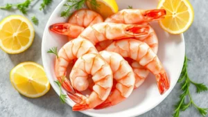 Vibrant fresh raw pink shrimp on a white ceramic plate with lemon wedges and fresh herbs like parsley and dill, bright natural lighting from above