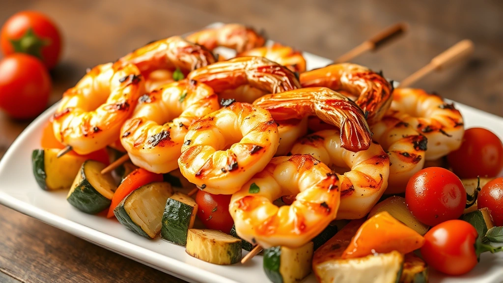 Perfectly grilled shrimp skewers on a white plate with colorful roasted vegetables including bell peppers, zucchini, and cherry tomatoes, steam rising slightly