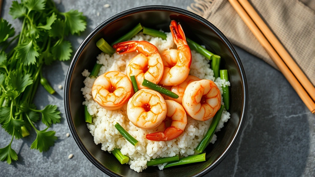 Bowl of steamed shrimp served over cauliflower rice with crisp green vegetables, sesame seeds sprinkled on top, photographed from above with natural daylight