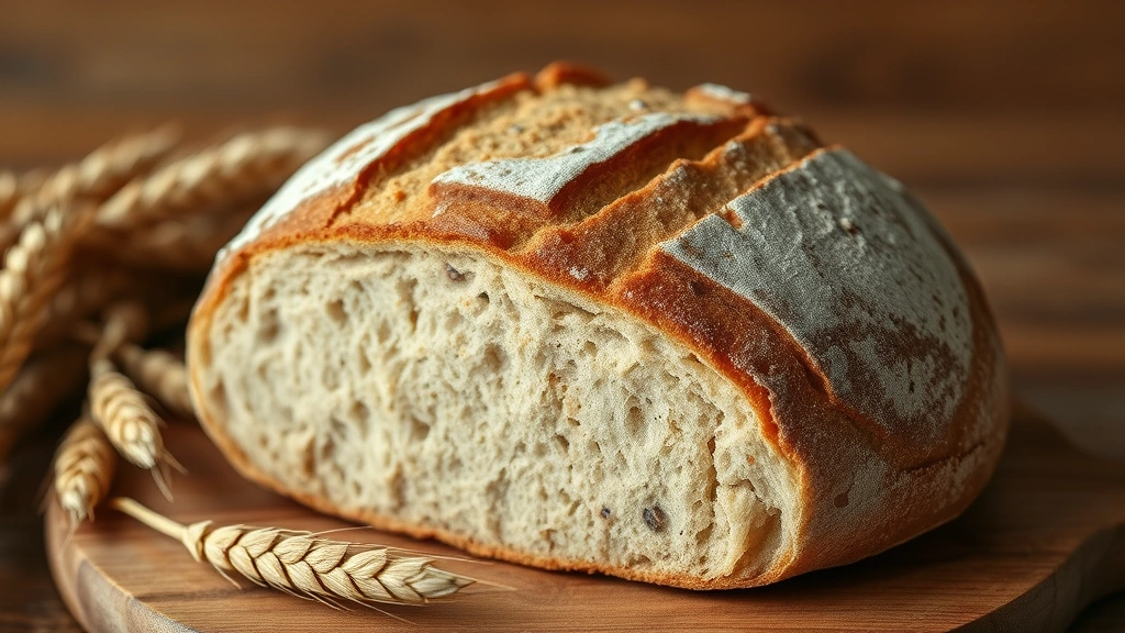 Artisan sourdough bread loaf freshly baked with rustic scoring, displaying golden-brown crust and open crumb structure, sitting on wooden surface with wheat stalks nearby, warm natural lighting, health-focused composition