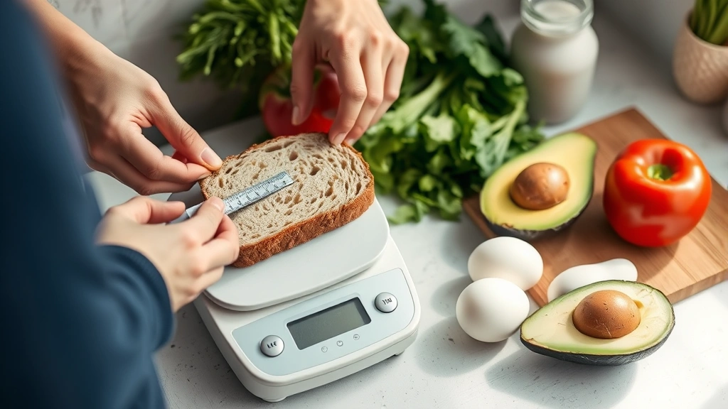 Person measuring a single slice of sourdough bread on a kitchen scale, with fresh vegetables, eggs, and avocado arranged nearby, representing balanced portion-controlled meal prep, bright kitchen setting, wellness-focused photography