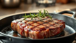 A lean sirloin steak sizzling on a cast iron skillet with fresh rosemary sprigs, steam rising, warm kitchen lighting, photorealistic