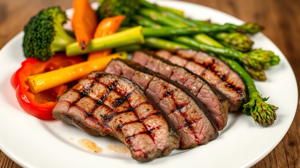 A plated meal featuring grilled medium-rare steak sliced, surrounded by roasted broccoli, asparagus, and colorful bell peppers on white plate