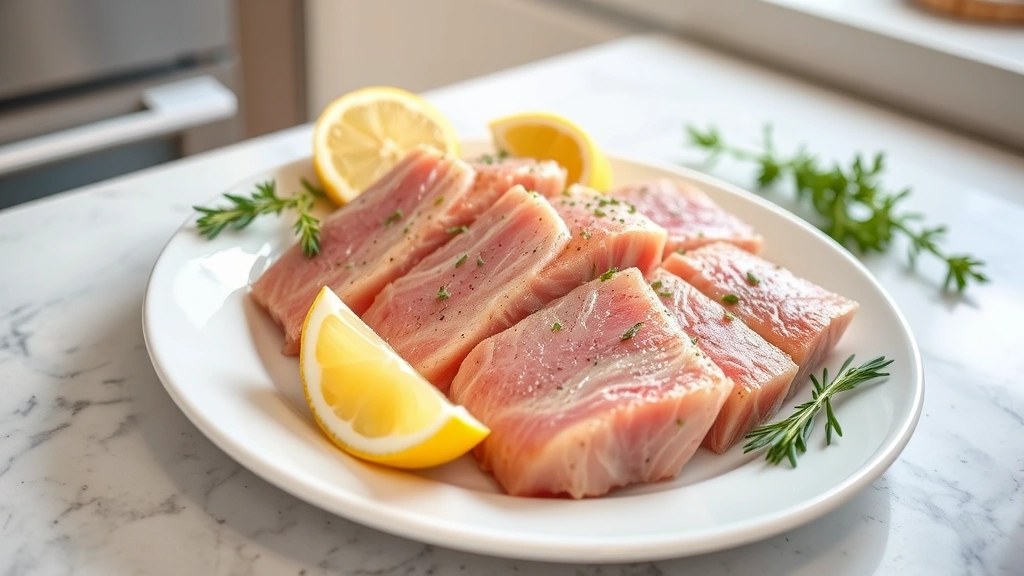 Fresh wild-caught tuna steaks on a white plate with lemon wedges and fresh herbs, professional food photography, bright natural lighting, clean kitchen background, no text or labels visible